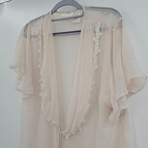 Vintage Delicates Sheer Pink Lace Trim Robe Chiffon Peignoir Medium Made in USA